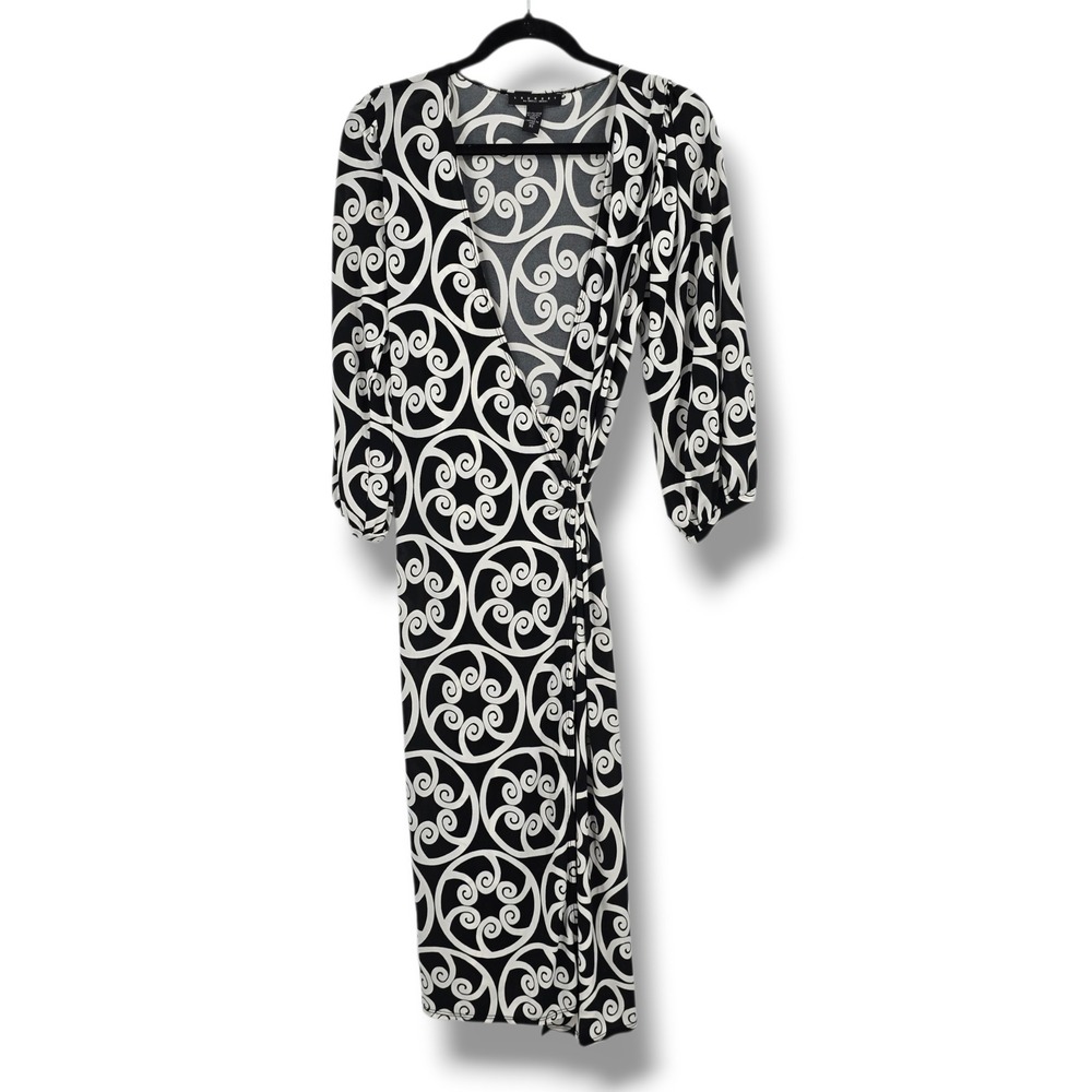 Laundry by Shelli Segal Womens XS Black White Swirl Print‎ 3/4 Sleeve Wrap Dress